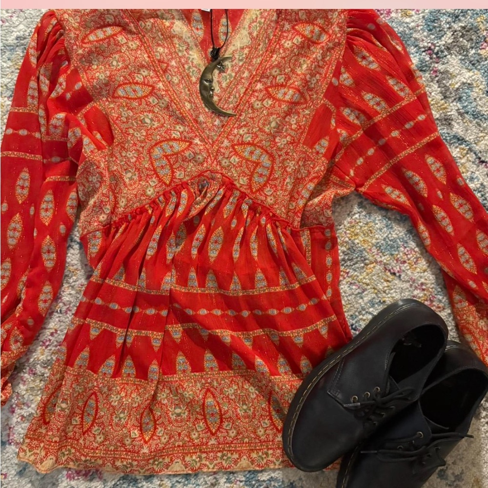Red Bohemian Long Sleeve Dress